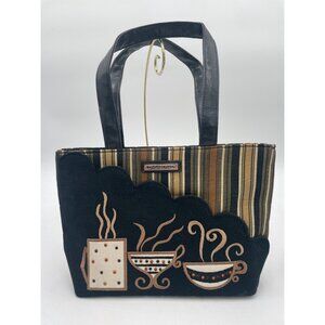 Longaberger Coffee-Themed Tote Bag With Stripe Pattern & Black Faux Leather Hand
